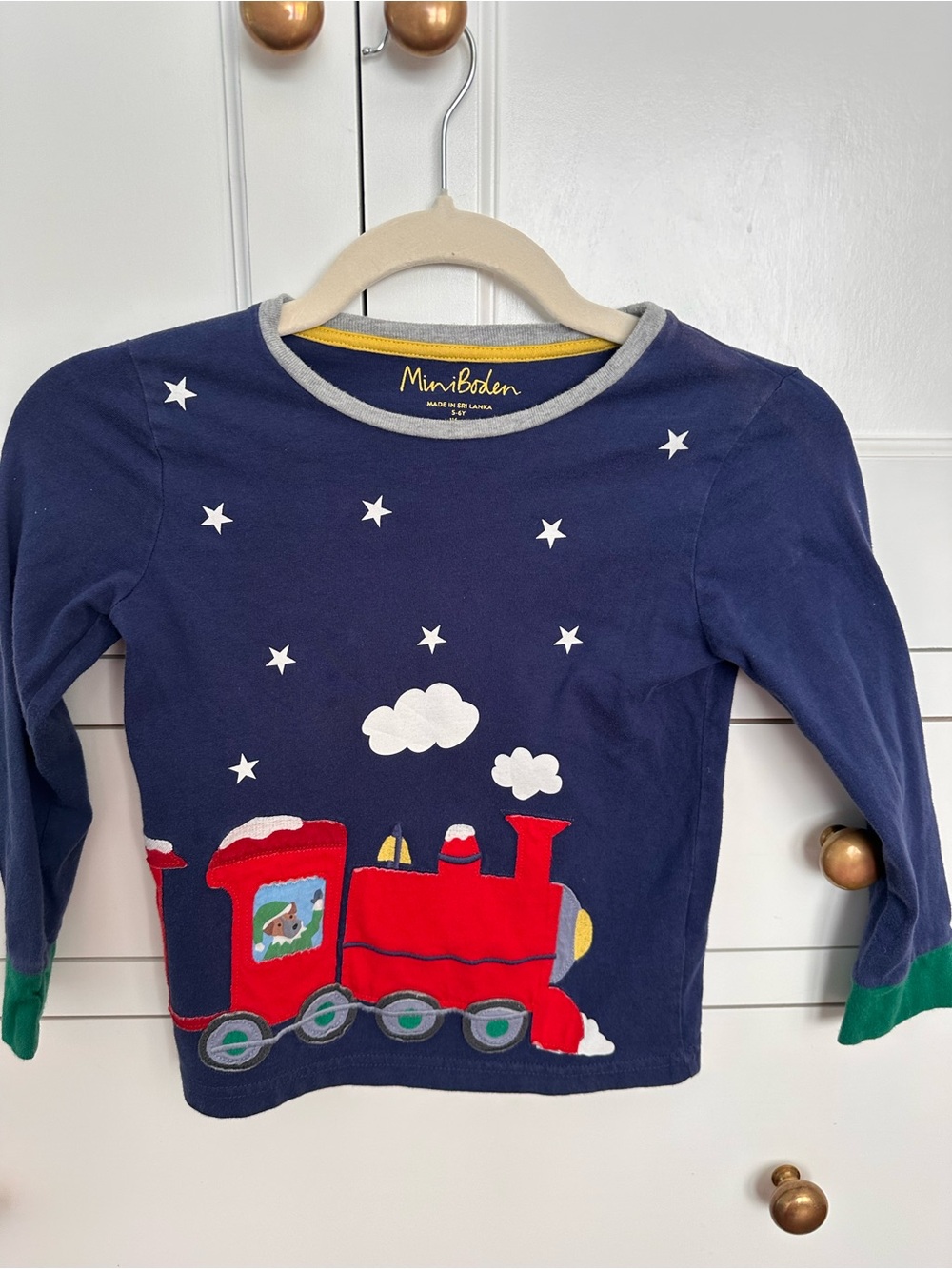 Mini Boden Navy, Red & Green Train Appliqué Long Sleeve Top